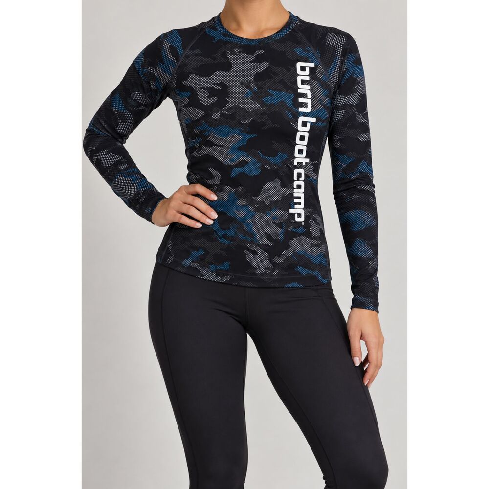 Burn Boot Camp Women’s Camo Long Sleeve Workout Top XS Blue Black Performance